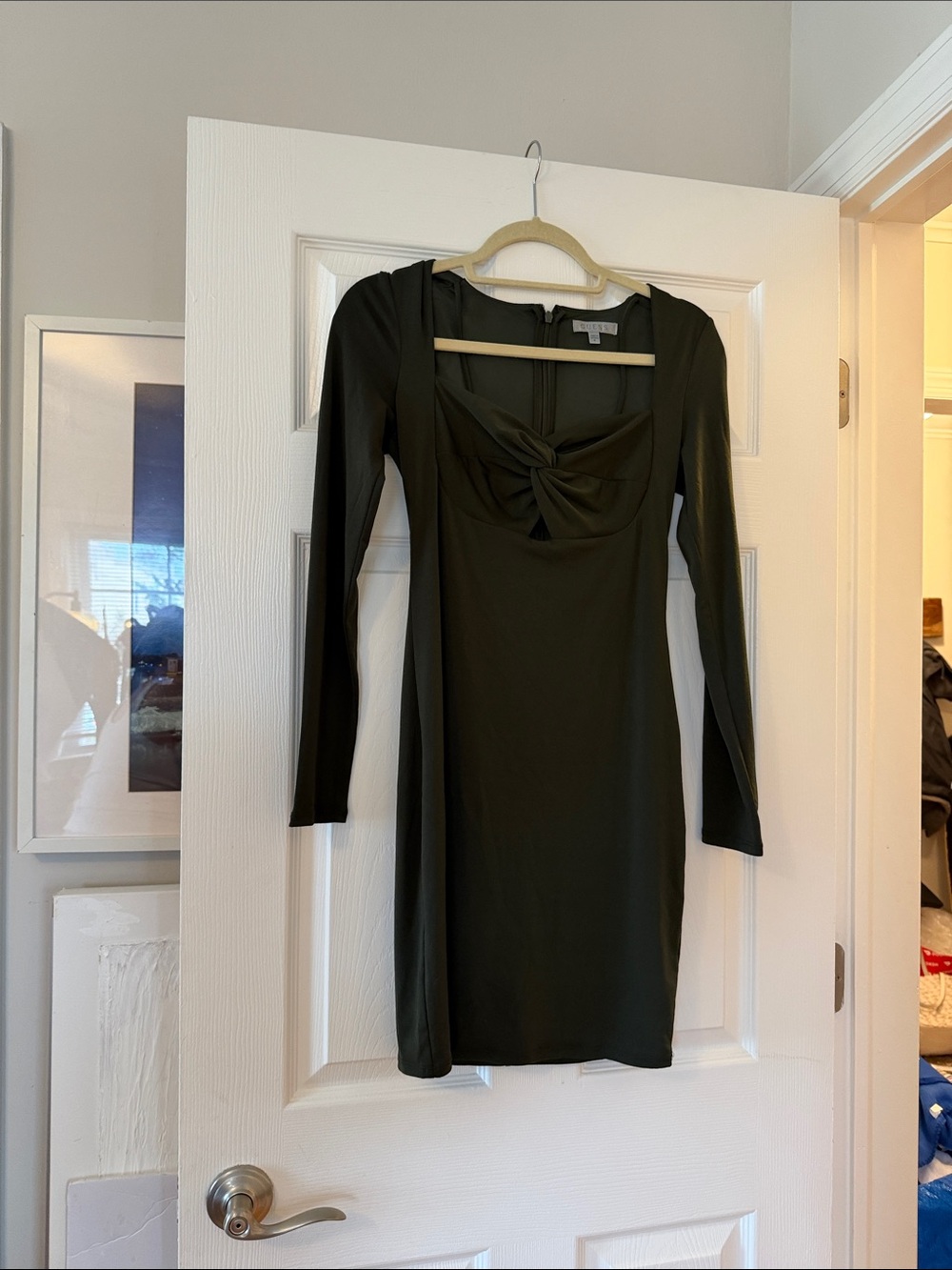 Long Sleeve Olive Green Knot-Front Bodycon Dress